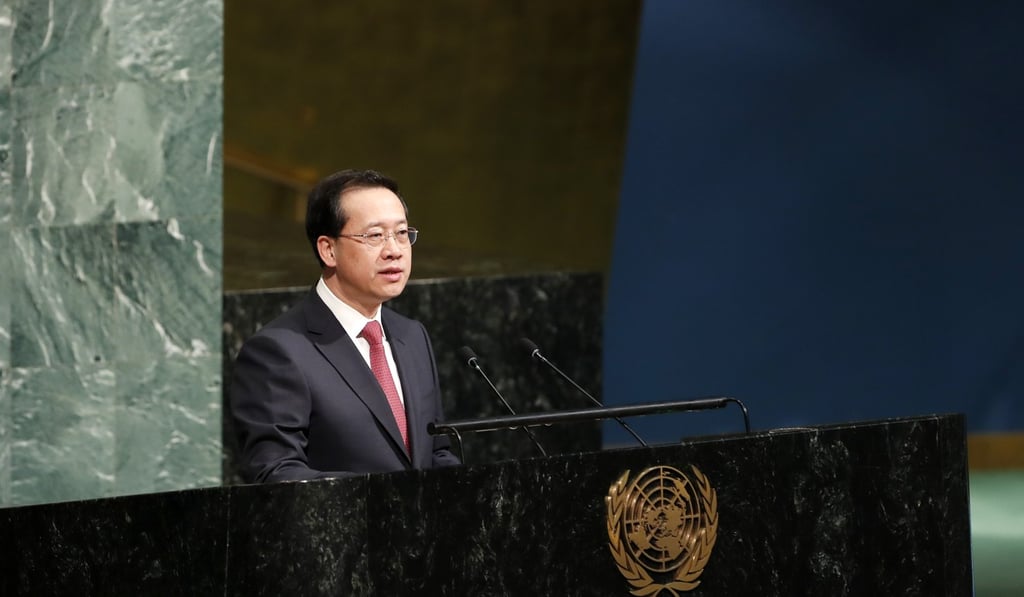 (Chinese ambassador to the United Nations Ma Zhaoxu addresses the UN General Assembly on March 23. Photo: Xinhua