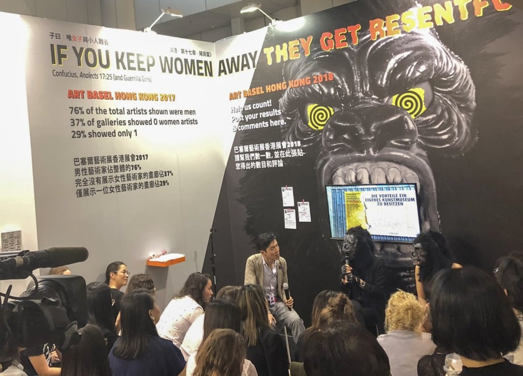 At the Asia Art Archive booth at this year’s Art Basel Hong Kong, the Guerrilla Girls spoke out against systemic biases against women and minorities in the art market. Photo: Enid Tsui