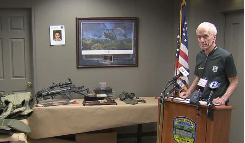Police Superintendent Michael Chitwood of Upper Darby, Pennsylvania, displays in a March 28, 2018, press conference items he says police retrieved from the bedroom of exchange student An Tso Sun. Photo: WPVI via ABC News