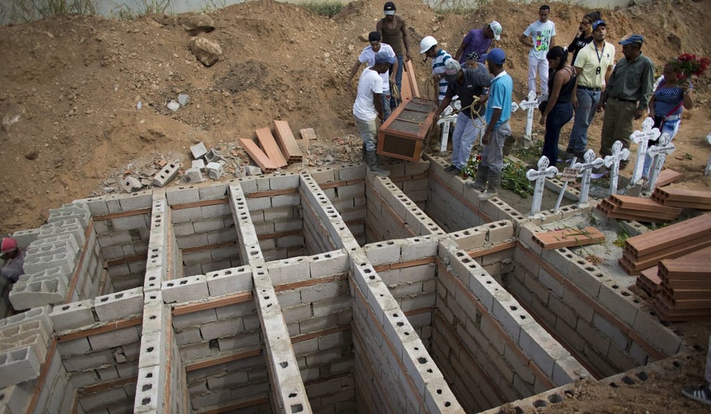 Relatives carry the coffin containing the remains of Jose Manuel Perez, 28, to the mass burial site in Valencia, Venezuela, on March 30, 2018. Cemetery workers said they were prepared to bury at least 32 people two days after the blaze in three-deep graves separated by a layer of breeze block. Photo: AP Relatives carry the coffin containing the remains of Jose Manuel Perez, 28, to the mass burial site in Valencia, Venezuela, on March 30, 2018. Cemetery workers said they were prepared to bury at least 32 people two days after the blaze in three-deep graves separated by a layer of breeze block. Photo: AP