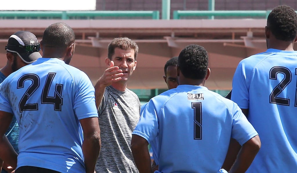 Fiji coach Gareth Baber addresses his troops. Photo: David Wong