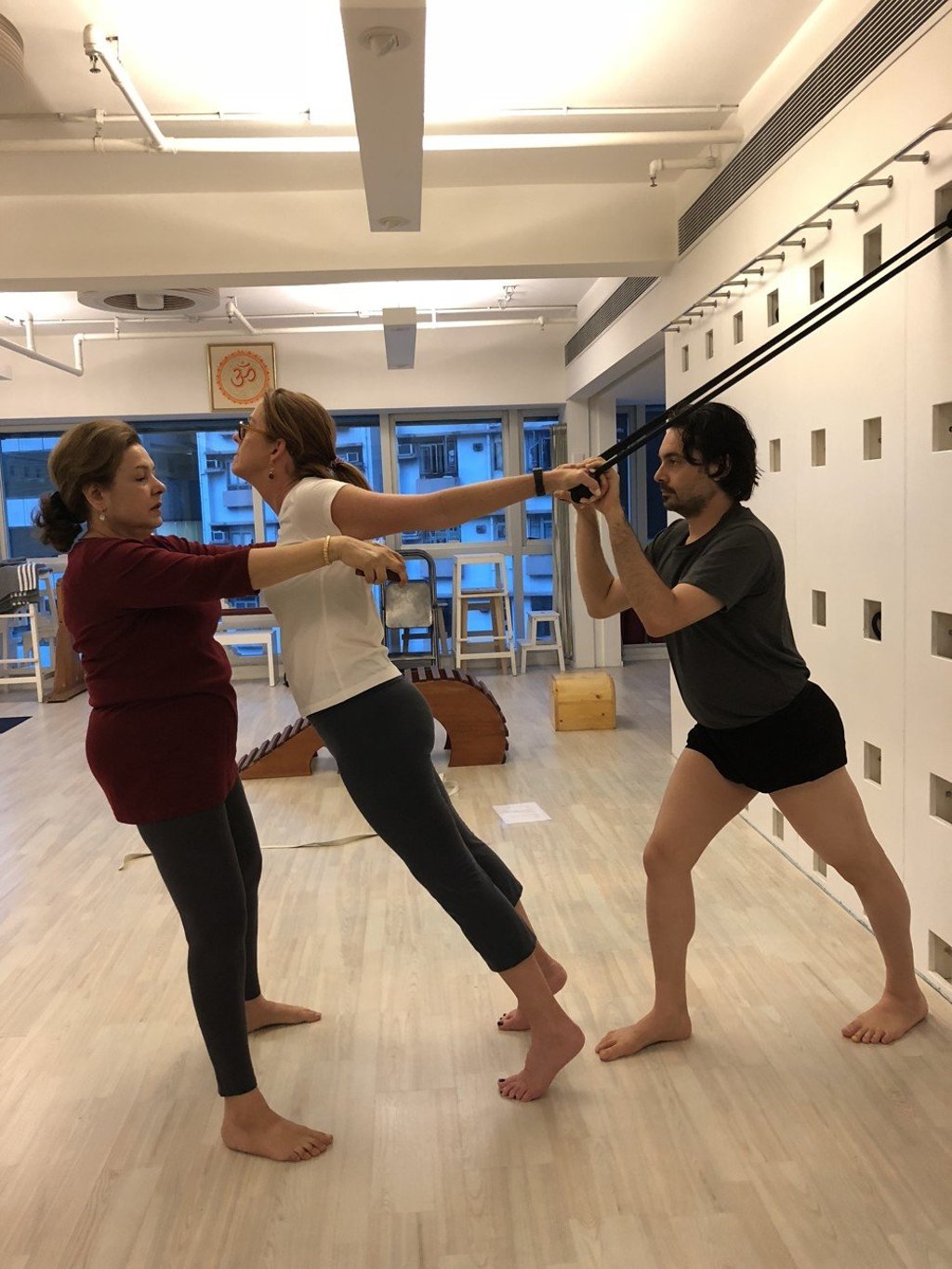 From left: Shobhna Chellaram, Carolyn Martin and George Dovas at the Iyengar Yoga Centre.