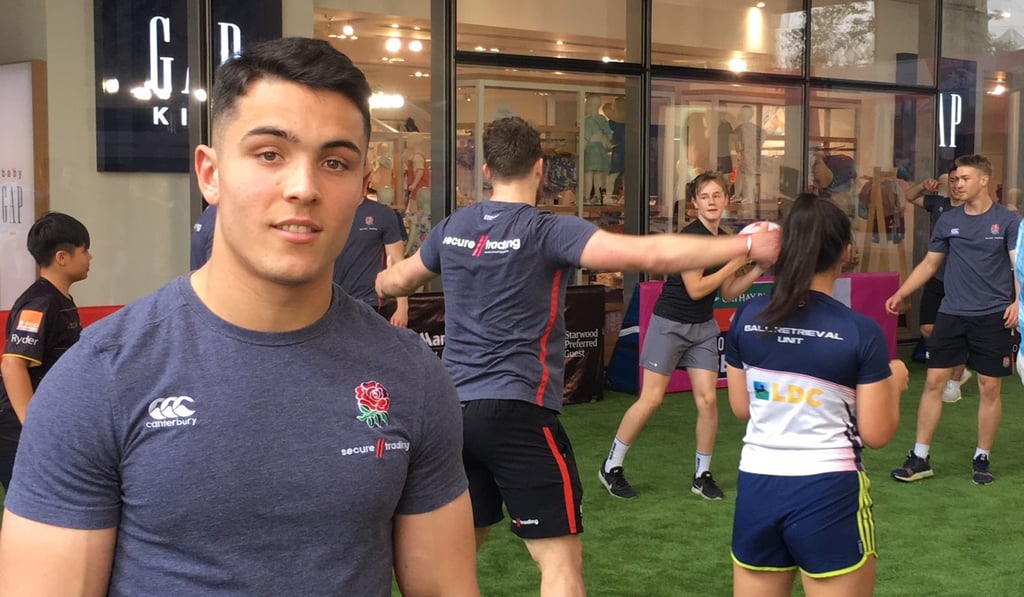 Callum Sirker at England’s mini-rugby clinic at Hysan Place on Sunday. Photo: Sam Agars