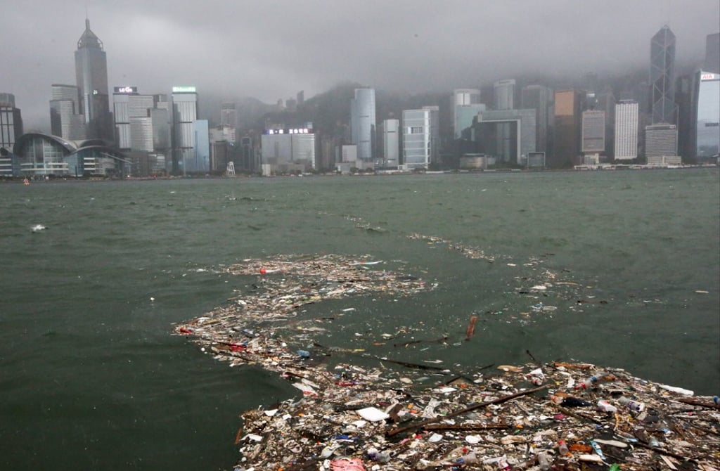 Trash floats off Tsim Sha Tsui in Victoria Harbour after Typhoon Nida hit Hong Kong. Photo: Nora Tam