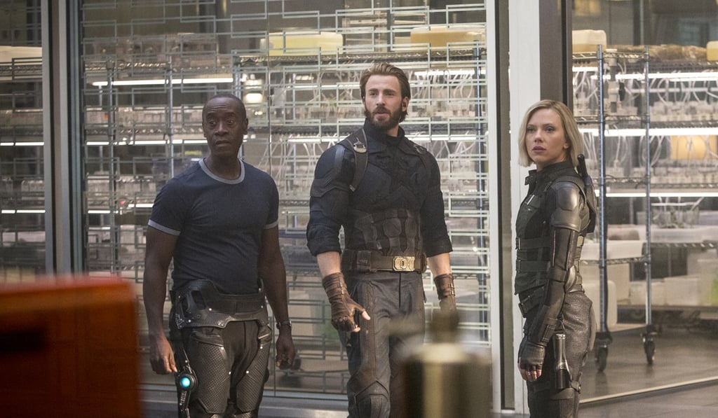 No Hawkeye here: War Machine/James Rhodes (Don Cheadle), left, Captain America/Steve Rogers (Chris Evans) and Black Widow (Scarlett Johansson) in a still from Avengers: Infinity War. Photo: Chuck Zlotnick/Marvel Studios 2018 No Hawkeye here: War Machine/James Rhodes (Don Cheadle), left, Captain America/Steve Rogers (Chris Evans) and Black Widow (Scarlett Johansson) in a still from Avengers: Infinity War. Photo: Chuck Zlotnick/Marvel Studios 2018