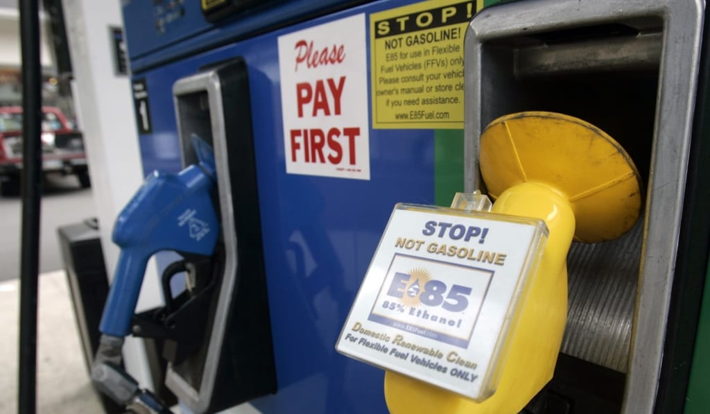 In this June 7, 2007 file photo, a pump handle for E85 fuel blended with ethanol is shown at a service station in Albany, New York. China has slapped import tariffs against US ethanol. Photo: AP