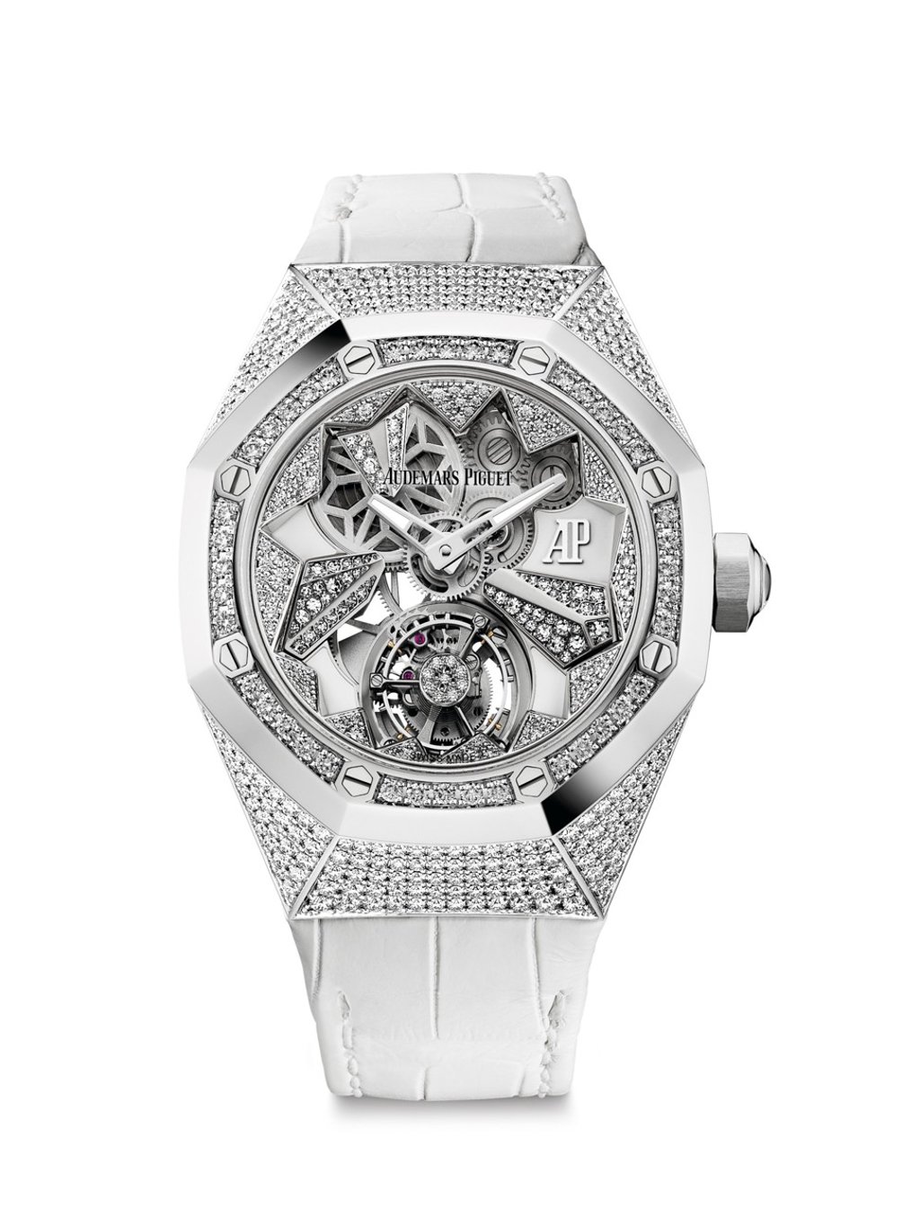 Audemars Piguet. The Royal Oak Concept Flying Tourbillon is the Swiss watchmaker’s first flying tourbillon and first Royal Oak Concept model for women. Set in white gold, the wristwatch is adorned with 397 brilliant-cut diamonds. Price on request