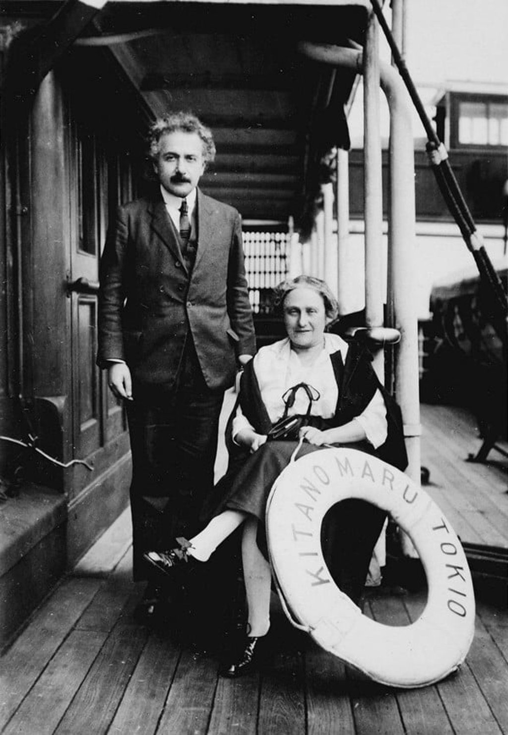 Albert Einstein and wife Elsa aboard the Kitano Maru, in 1922. Albert Einstein and wife Elsa aboard the Kitano Maru, in 1922.