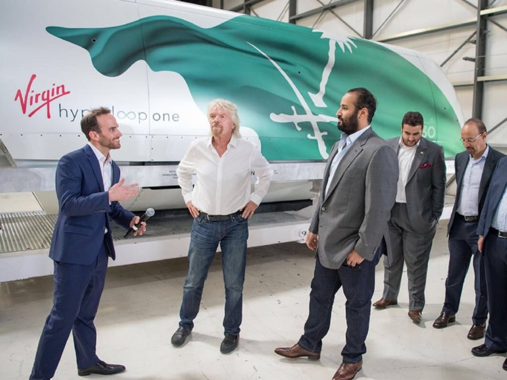 The Saudi Crown Prince and Richard Branson unveil the new Hyperloop One Vision 2030 system. Photo: Virgin Hyperloop One/Media Release