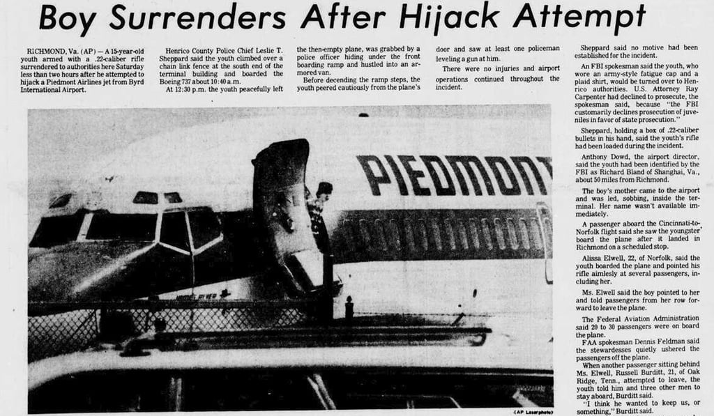 A news report at the time about the teenager who hijacked a jet in the US with a rifle. Photo: Bluefield Daily Telegraph