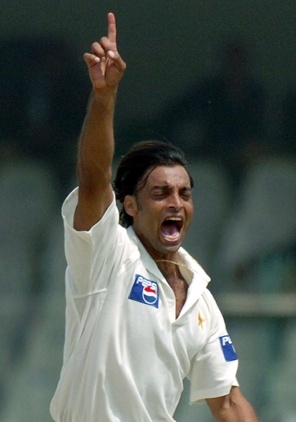 Pakistani bowler Shoaib Akhtar celebrates after dismissing Indian batsman Virender Sehwag during a test match between Pakistan and India at the Gaddafi stadium in Lahore, in April 2004. Picture: AFP
