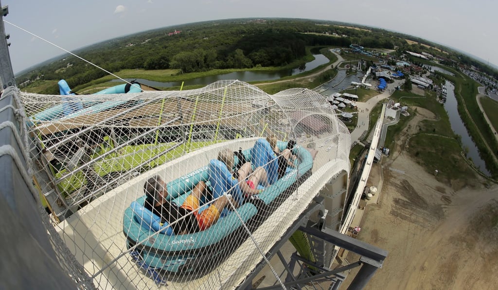 Caleb was killed riding this water slide, called ‘Verruckt’ (seen in July 2014), at Schlitterbahn Waterpark in Kansas City. Photo: AP