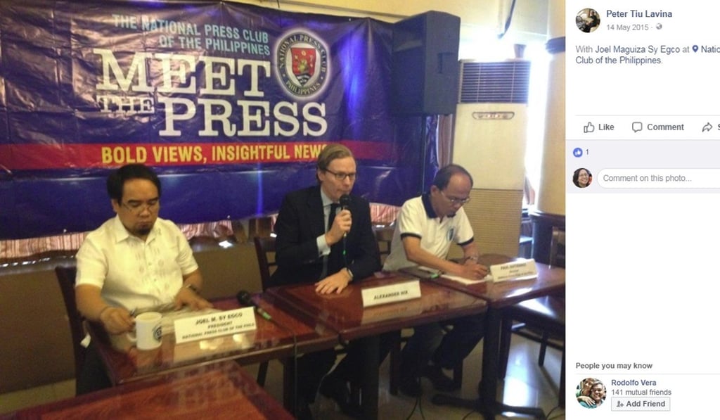 Alexander Nix at the National Press Club in Manila. Photo: Facebook Alexander Nix at the National Press Club in Manila. Photo: Facebook