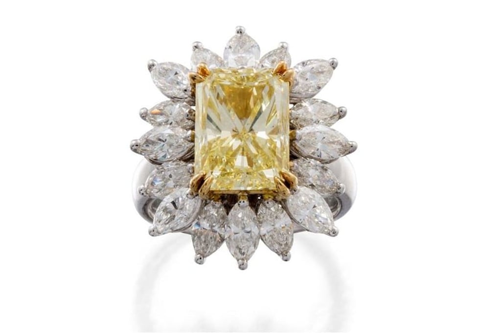 This ring’s yellow diamond weighs 5.13ct and had an estimated price of A$70,000 to A$100,000. Photo: Sotheby's Australia