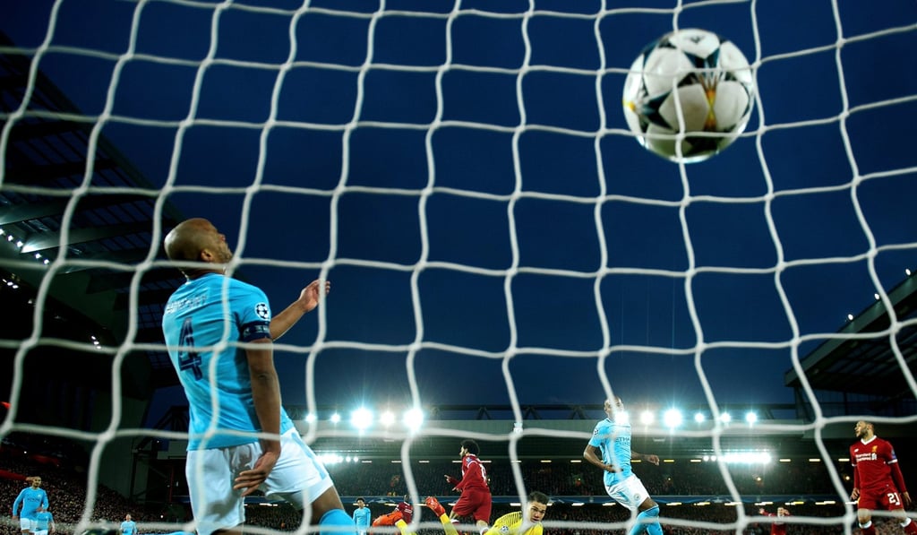 Liverpool's Mohamed Salah celebrates after scoring in the UEFA Champions League quarter-final first leg against Manchester City. Photo: EPA