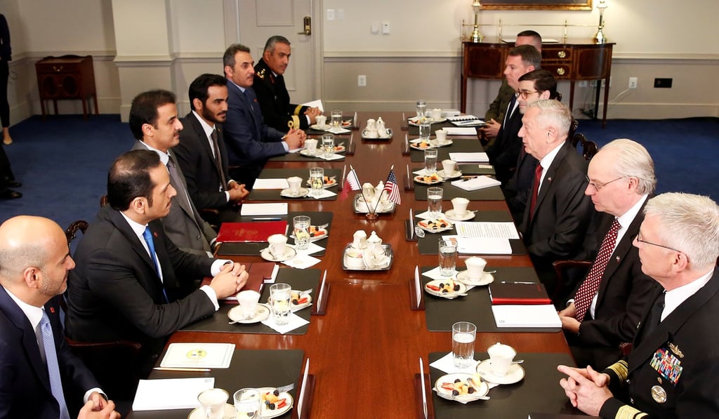 US Secretary of Defence James Mattis meets with Qatari Emir Sheikh Tamim bin Hamad al-Thani during a meeting at the Pentagon in Washington, on April 9, 2018. Photo: Reuters