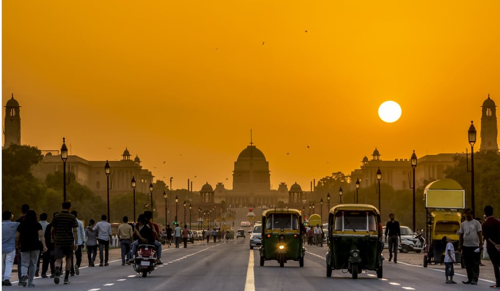 Sunset over New Delhi, India.