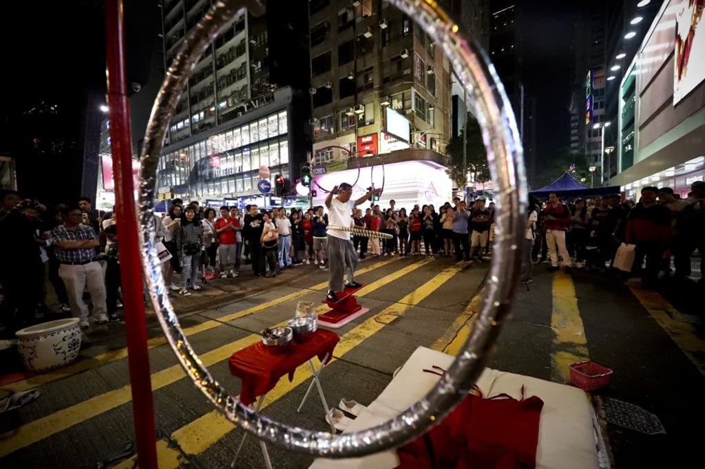 Acrobat Yu Pujiang performs in Mong Kok. Photo: James Wendlinger