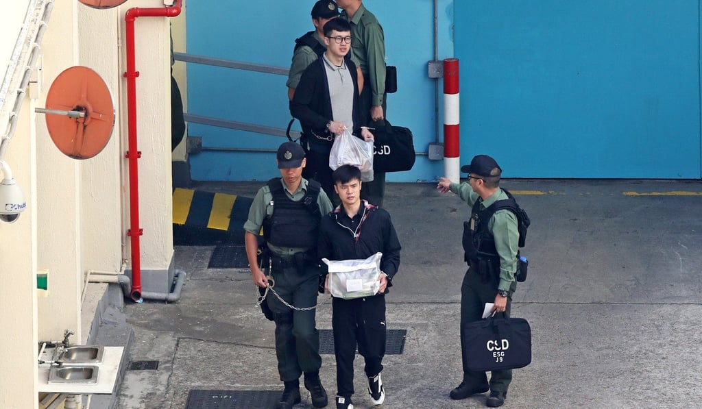 Keith Lau (centre top with glasses) and Cheung Sin-hang (centre bottom) being escorted away from Lai Chi Kok Reception Centre. Photo: Handout