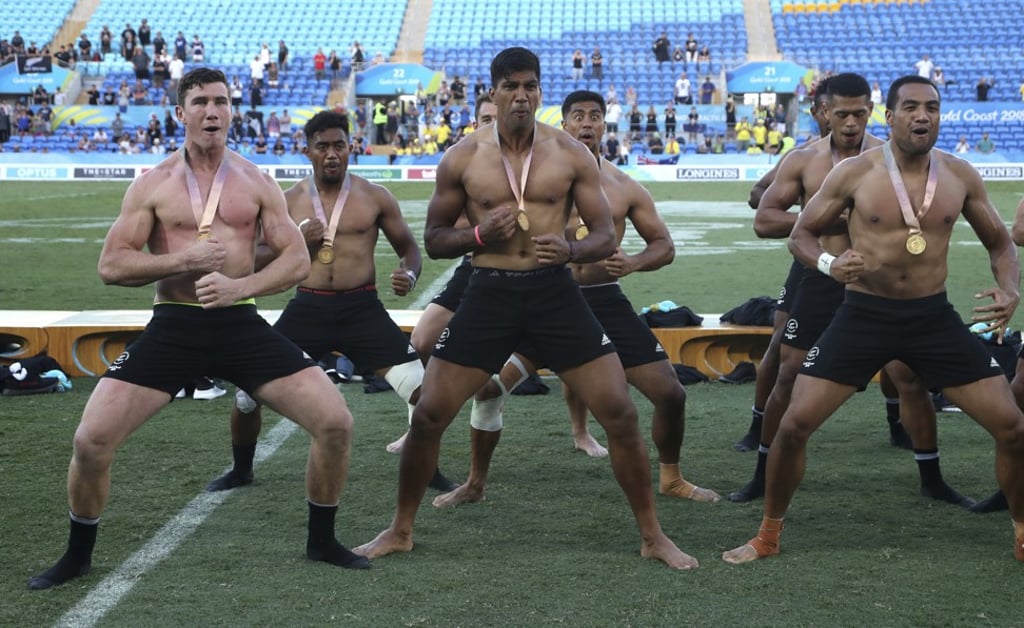 New Zealand perform a haka as they celebrate after defeating Fiji to win the gold medal. Photo: AP New Zealand perform a haka as they celebrate after defeating Fiji to win the gold medal. Photo: AP