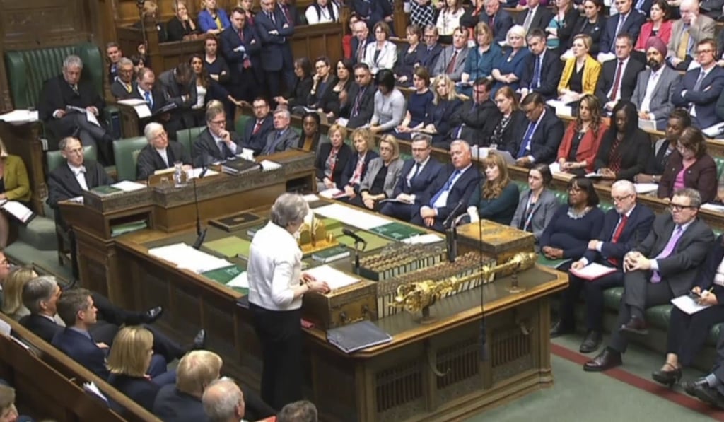 British Prime Minister Theresa May makes a statement in the House of Commons in London on Monday over her decision to join in air strikes against Syria. Photo: PA via AP British Prime Minister Theresa May makes a statement in the House of Commons in London on Monday over her decision to join in air strikes against Syria. Photo: PA via AP