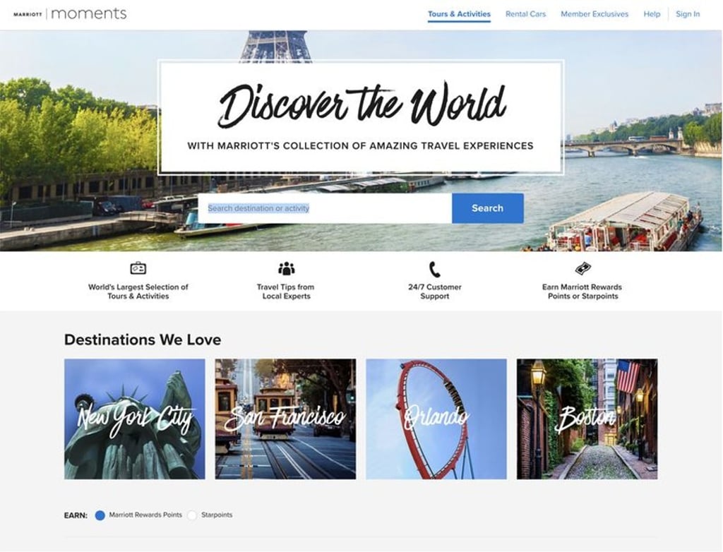 Marriott’s new Moments portal enables the hotel chain’s loyal customers to earn and redeem points by shopping for 110,000 travel experiences across 1,000 global destinations. Photo: Marriott