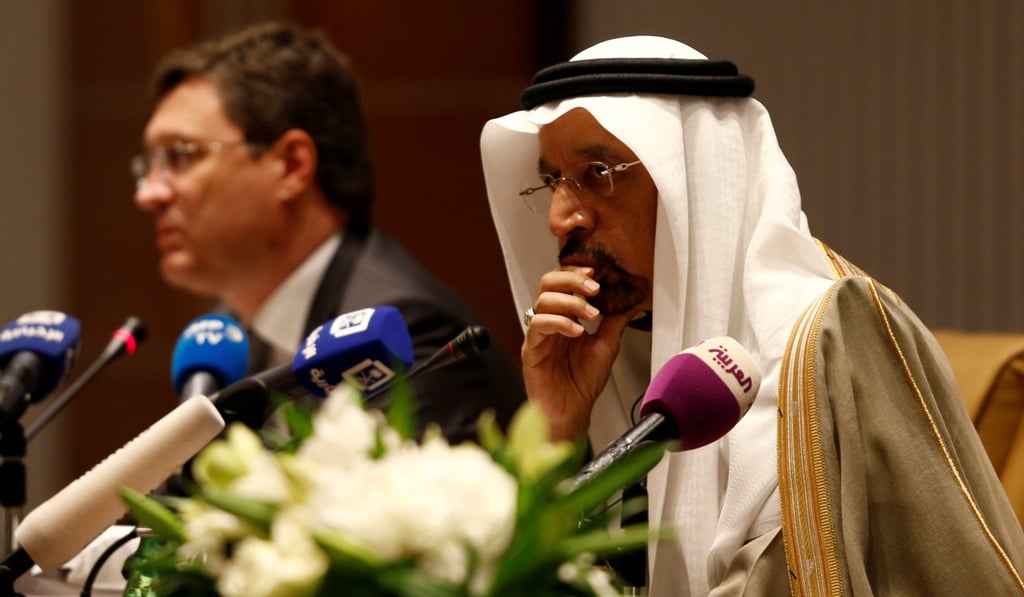 Saudi Energy Minister Khaled al-Faleh and Russian Energy Minister Alexander Novak attend a news conference at the Ritz-Carlton hotel in Riyadh, Saudi Arabia, on February 14. Photo: Reuters