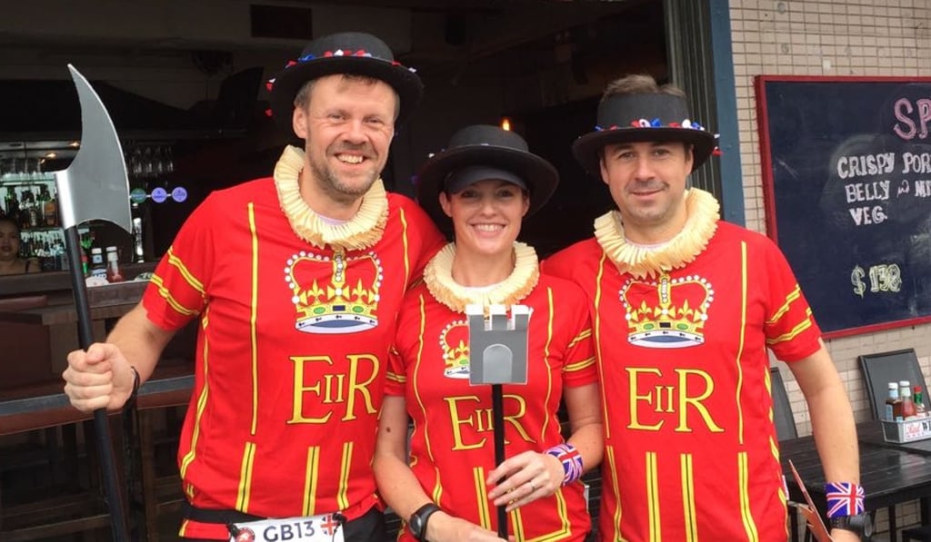 Kerensa Choi flanked by Stuart Baker and Dave Martin dressed as beefeaters. The rivalry with the Scots has been there since the word go.
