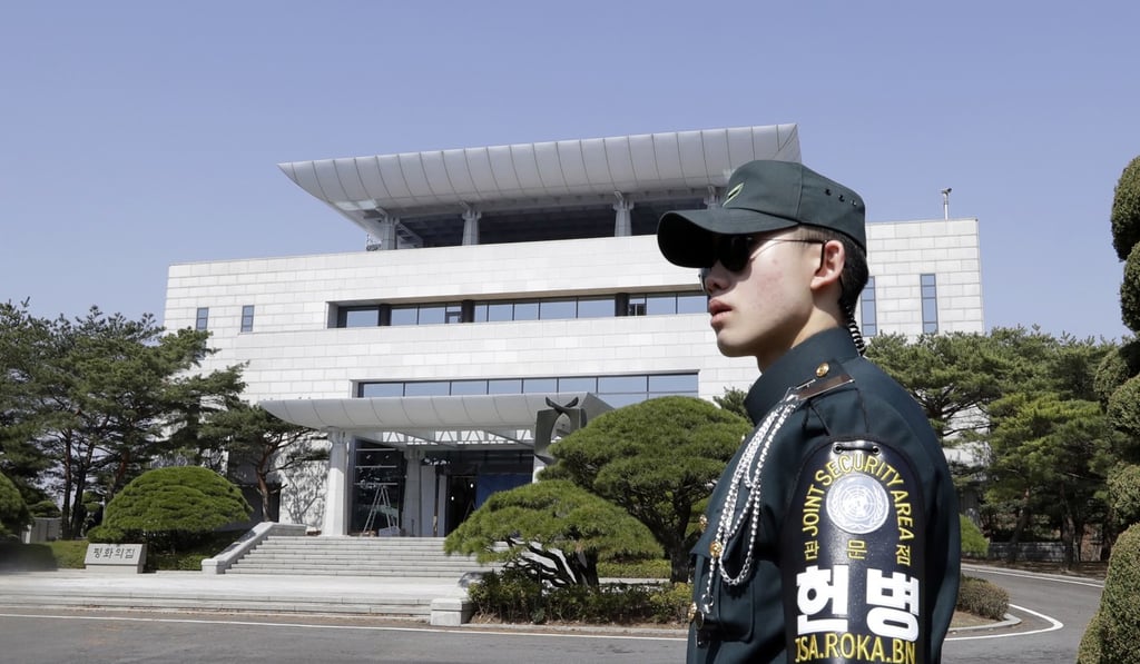 A South Korean soldier outside the Peace House, the venue for the summit between South Korean President Moon Jae-in and North Korean leader Kim Jong-un. Photo: AP A South Korean soldier outside the Peace House, the venue for the summit between South Korean President Moon Jae-in and North Korean leader Kim Jong-un. Photo: AP