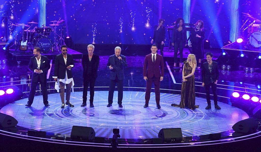 From left: Alfie Boe, Shaggy, Sting, Tom Jones, Kylie Minogue and Jamie Callum performing for the queen at the Royal Albert Hall. Photo: AP