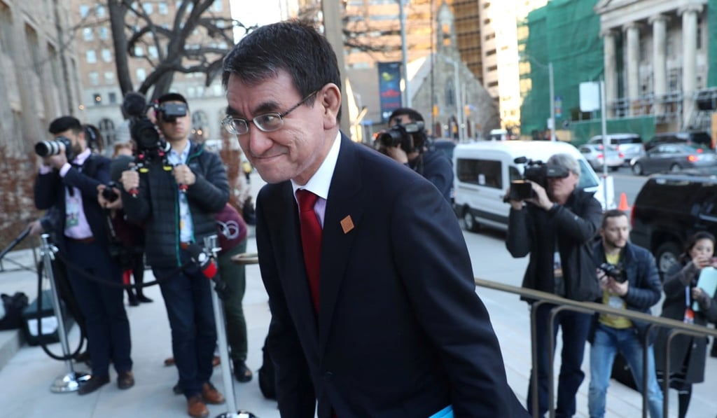 Japan's Minister of Foreign Affairs Taro Kono arrives for a reception at the Royal Ontario Museum on the first day of meetings for foreign ministers from G7 countries in Toronto on Sunday. Photo: Reuters