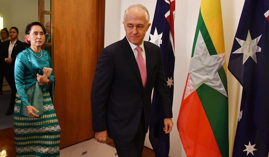 Aung San Suu Kyi with Australian Prime Minister Malcolm Turnbull at Parliament House in Canberra after Asean meeting in Sydney. Photo: EPA