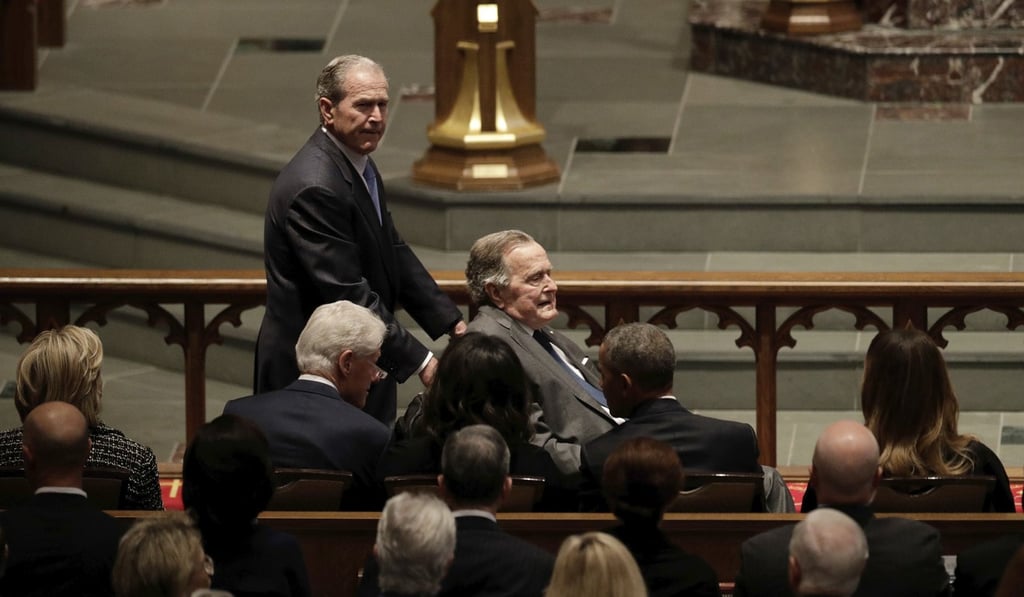 Former Presidents George W. Bush and George H.W. Bush arrive at St Martin's Episcopal Church for a funeral service for former first lady Barbara Bush on Saturday in Houston. Photo: AP