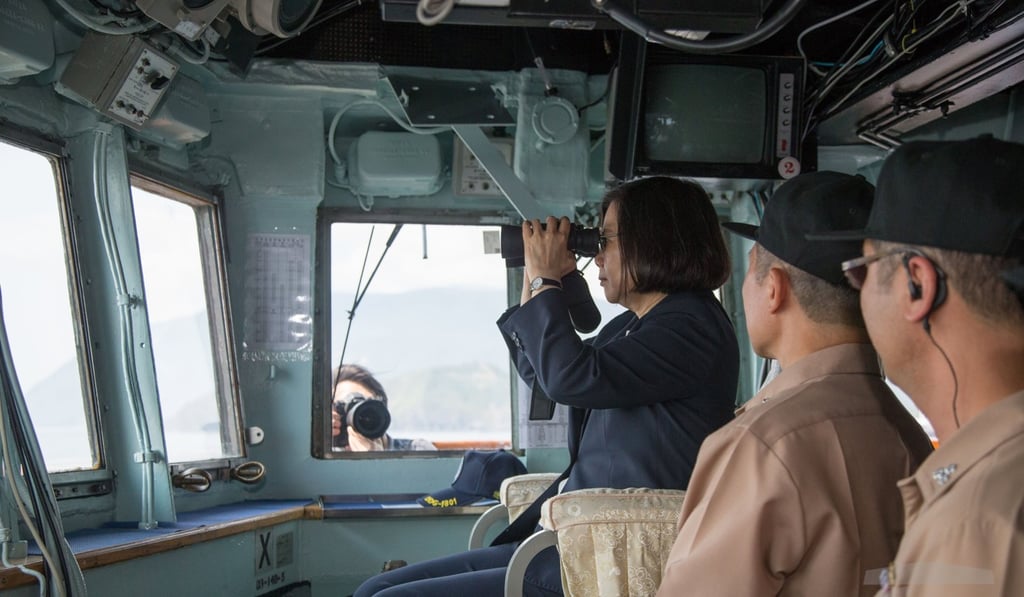 Taiwan President Tsai Ing-wen (left) reviewing a naval drill on board a warship in the East China Sea earlier this month. Photo: EPA-EFE Taiwan President Tsai Ing-wen (left) reviewing a naval drill on board a warship in the East China Sea earlier this month. Photo: EPA-EFE