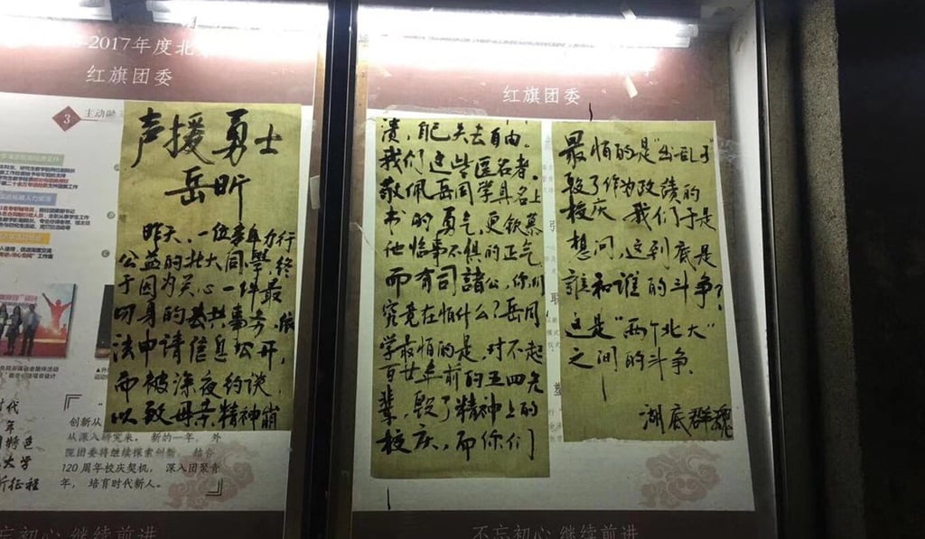 Posters put up on the Peking University campus on Monday in support of student and #MeToo activist Yue Xin. They were soon taken down by security officials. Photo: Twitter