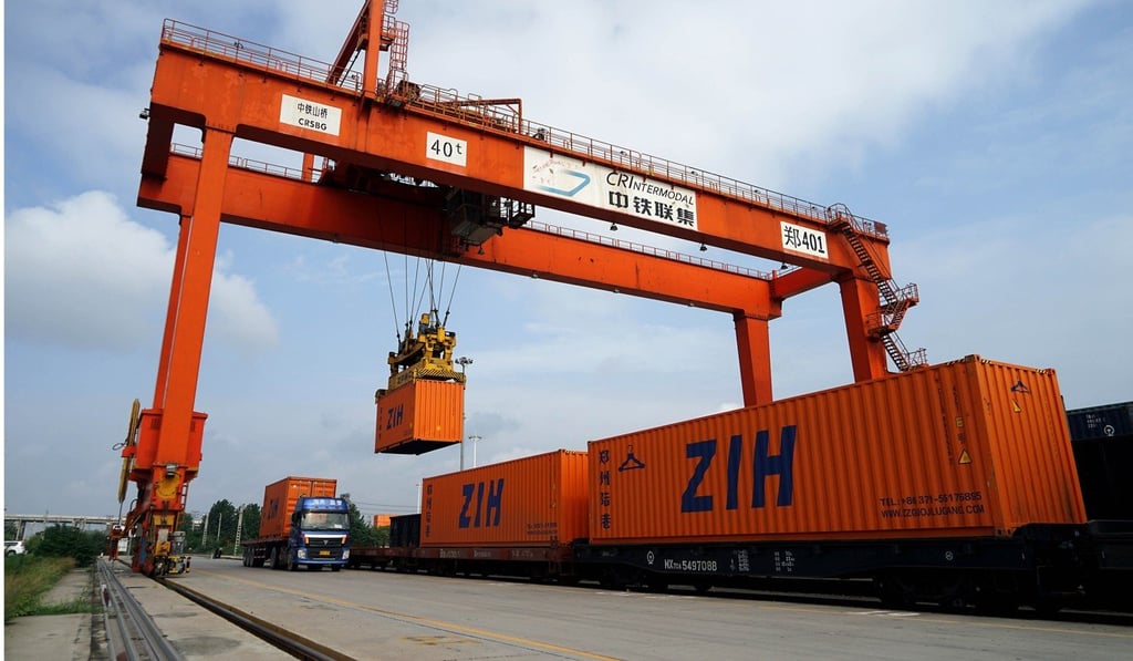 Containers are loaded onto a China-Europe freight train in Zhengzhou City. The Belt and Road Initiative has made the inland Henan Province an emerging frontier of international trade. Photo: Xinhua