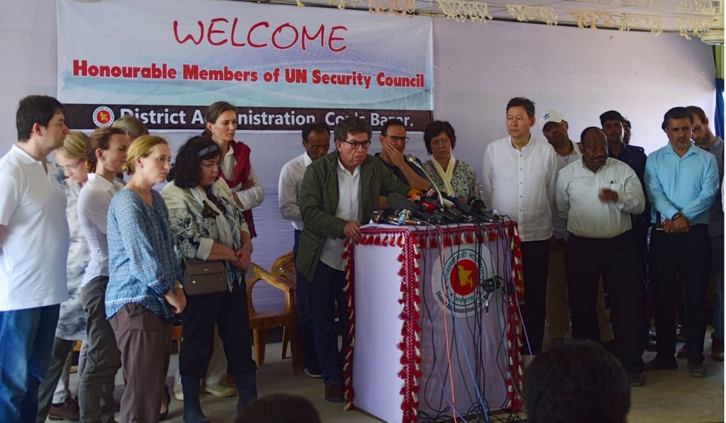United Nations Security Council members speak to the press after visiting Rohingya refugee camps in Bangladesh’s Ukhia district on April 29, 2018. Photo: AFP
