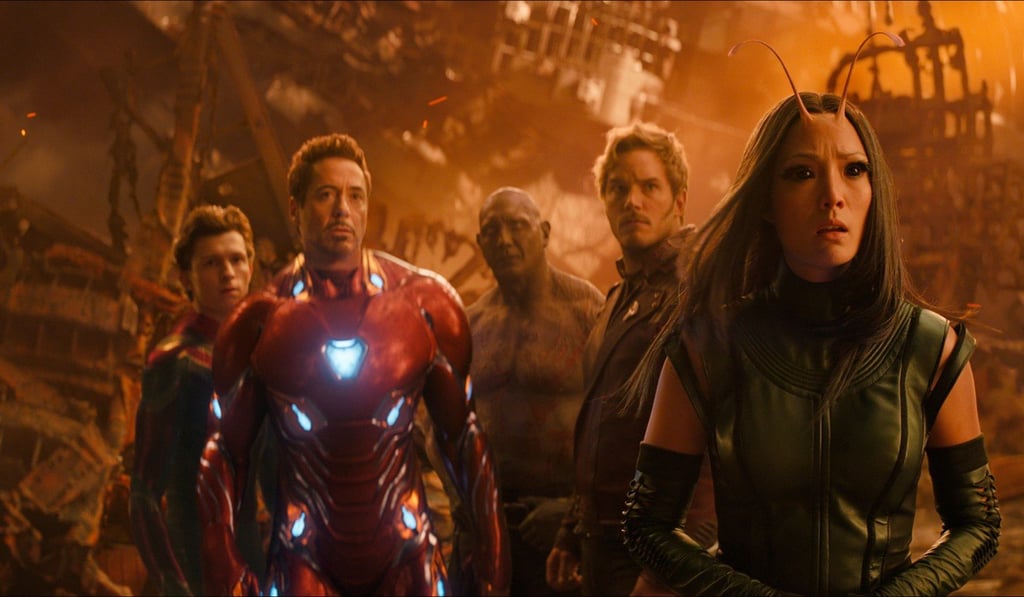 This image released by Marvel Studios shows, from left, Tom Holland, Robert Downey Jnr, Dave Bautista, Chris Pratt and Pom Klementieff in a scene from Avengers: Infinity War. Photo: Marvel Studios via AP