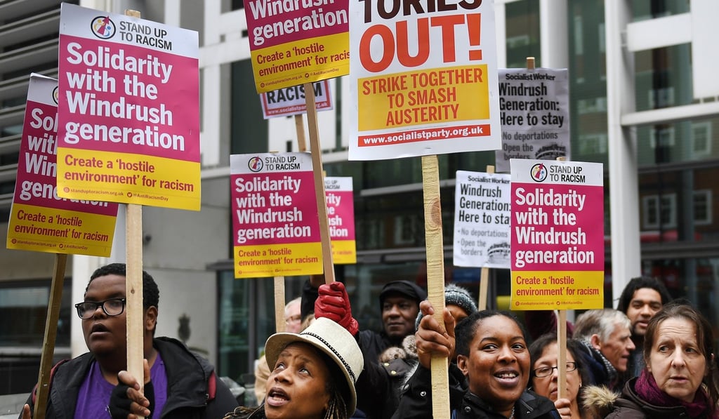 Protesters gather for a Windrush generation demonstration outside the Home Office in London on Saturday. Photo: EPA Protesters gather for a Windrush generation demonstration outside the Home Office in London on Saturday. Photo: EPA
