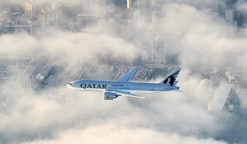 Qatar Airways’ inaugural flight from Doha to Auckland flies over the New Zealand city as it comes in to land after an 18-hour journey. Photo: Qatar Airways
