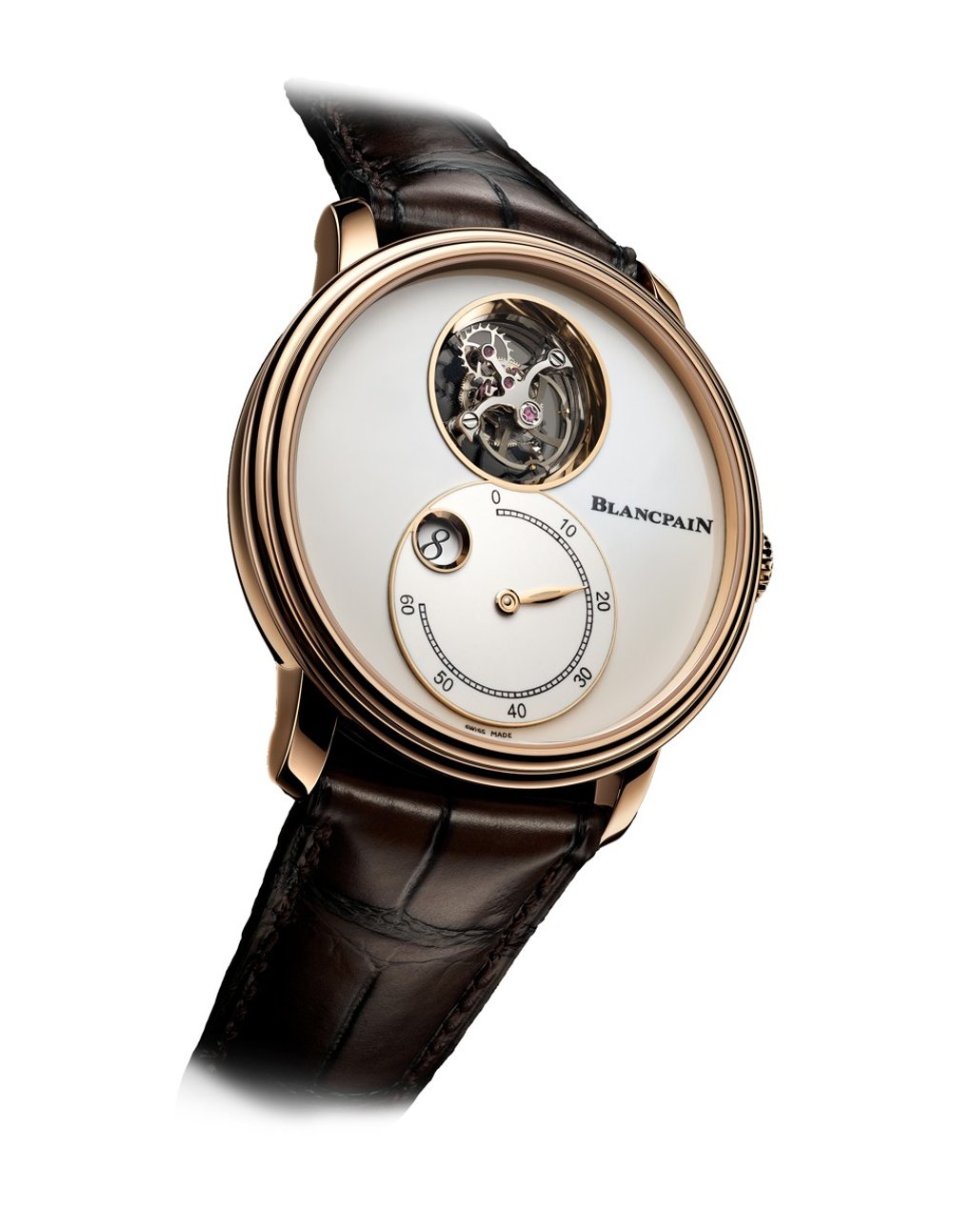 BLANCPAIN. The Villeret Tourbillon Volant Heure Sautante Minute Rétrograde introduces two new complications to Blancpain’s collection: jump hours and retrograde minutes. The watch also features an in-house flying tourbillon. Price on request