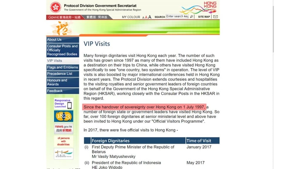 The phrase of ‘handover of sovereignty over Hong Kong’ (highlighted in red) was removed from the Protocol Division websute. Photo: Handout
