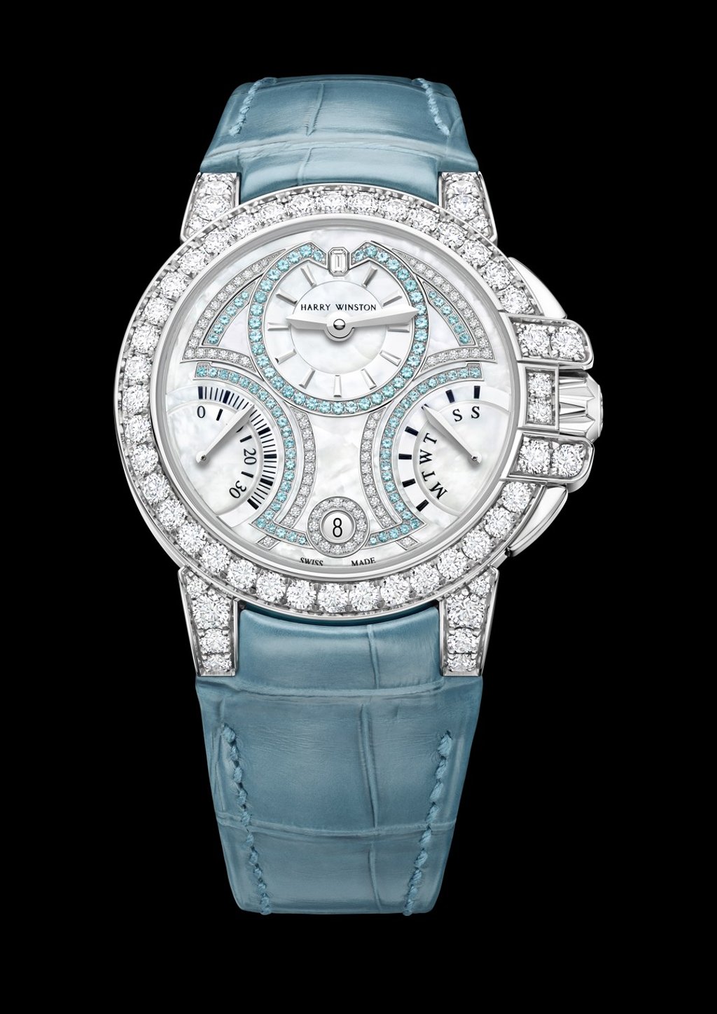 Harry Winston. The dazzling 18ct white gold Ocean 20th Anniversary Biretrograde Automatic 36mm timepiece not only features a mother-of-pearl dial but also neon-blue Paraiba tourmalines. Price on request