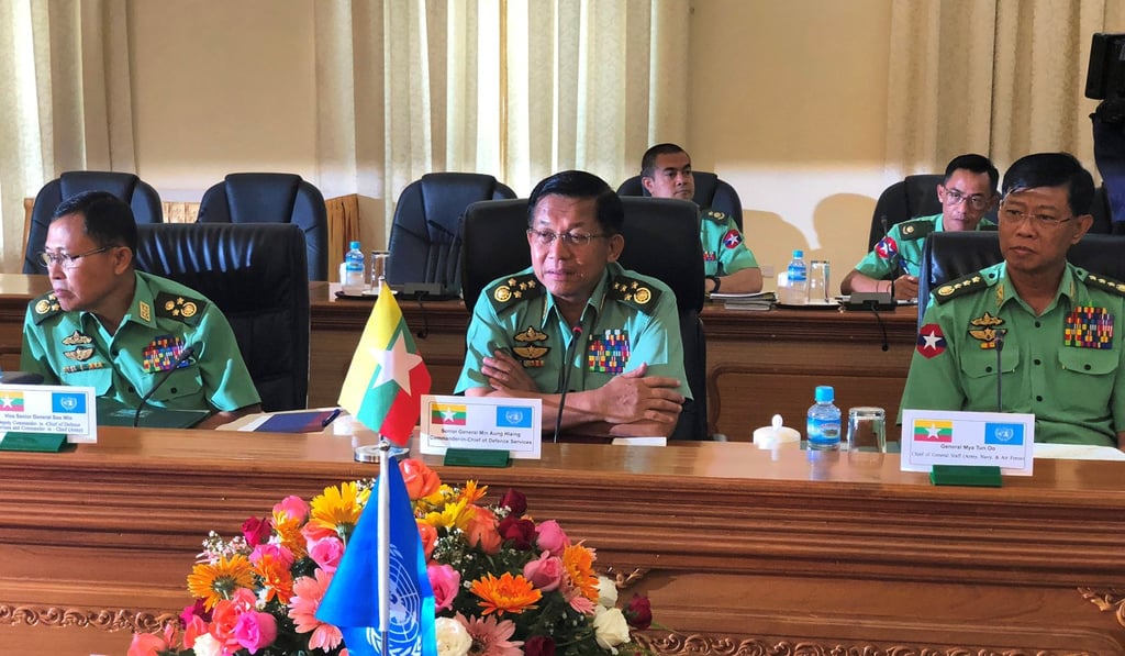 Senior General Min Aung Hlaing, commander-in-chief of the Myanmar armed forces, addresses members of the United Nations Security Council in Naypyidaw, Myanmar, on Monday. Photo: Reuters
