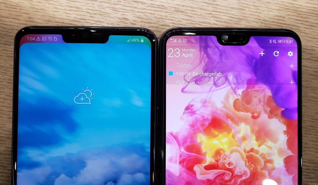 The notch on the G7 (left) compared with the Huawei P20 Pro (right). Photo: Ben Sin