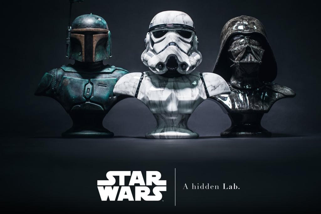 The three fibreglass busts of Boba Fett (left), a Stormtrooper (centre) and Darth Vader produced by the Hong Kong-based creative house A hidden Lab. priced from HK$6,980 (US$889) to HK$9,360