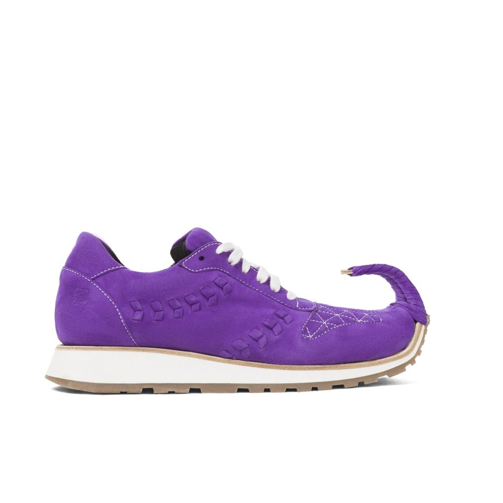 Loewe. These playful and chic dinosaur sneakers in purple suede feature a braided curly toe, HK$5,000