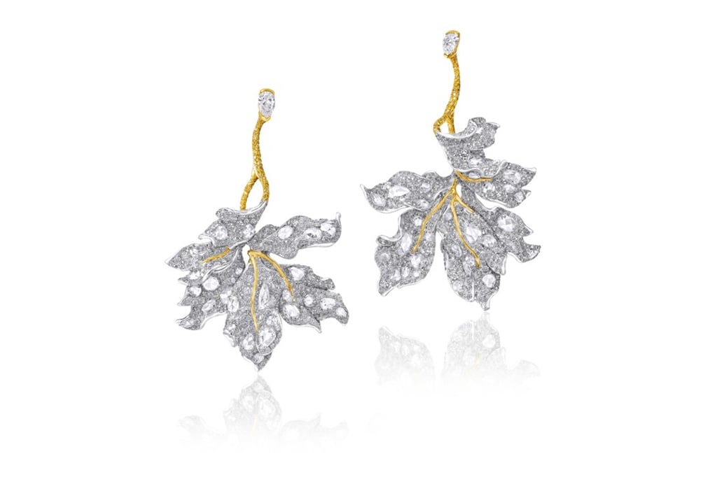 Cindy Chao. The playful diamond pendant Maple earrings comprise 26ct of diamonds and yellow diamonds, depicting the beauty of delicate maple leaves. Price on request