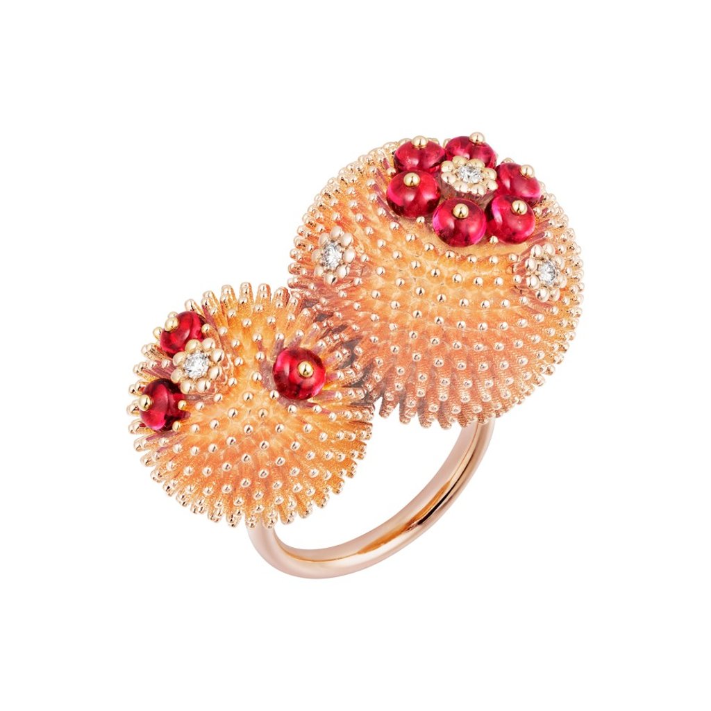 Cartier. The exquisite Cactus de Cartier ring in pink gold, set with diamonds and spinels, features a playful twist in its bold design ,HK$157,000