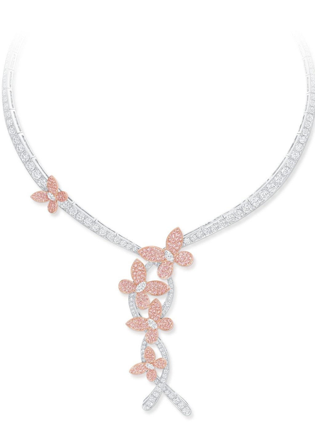 GRAFF. The triple pavé butterfly necklace is made up of round pink and multishaped white diamonds, giving a delicate twist to a classic piece. Price on request